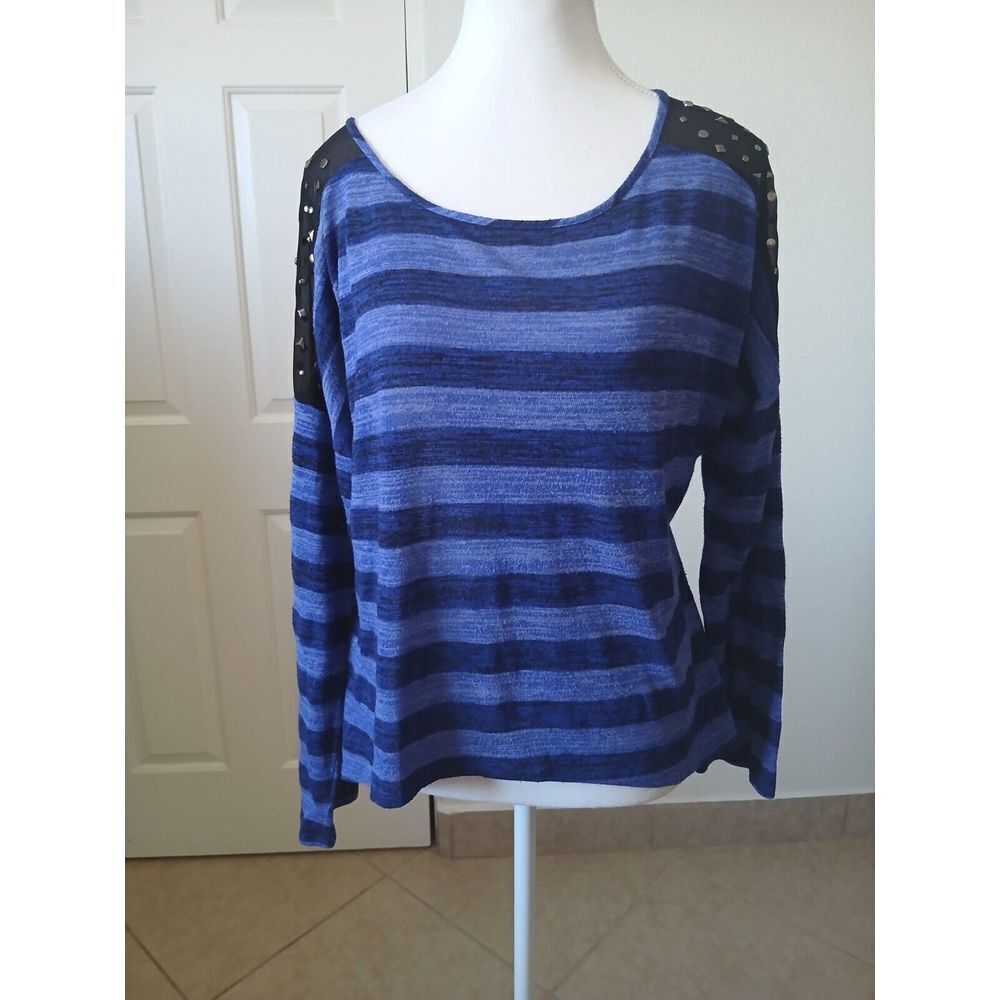Cocomo Womend Blouse Striped Blue Black Long Sleeve Scoop Neck Size XL